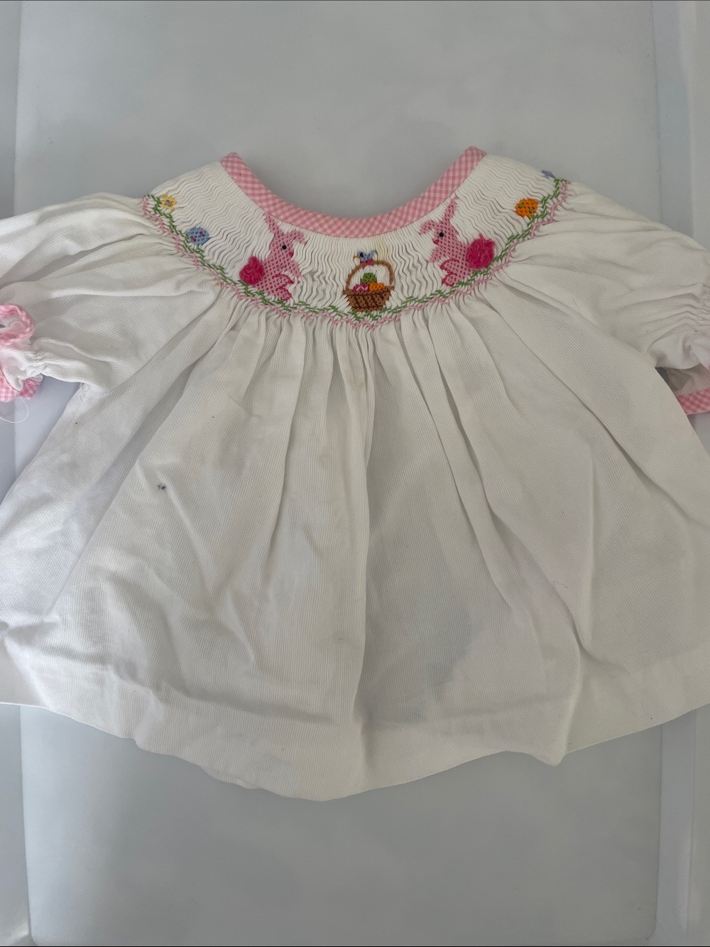 White Smocked Easter Basket Dress with Pink Trim - Kids